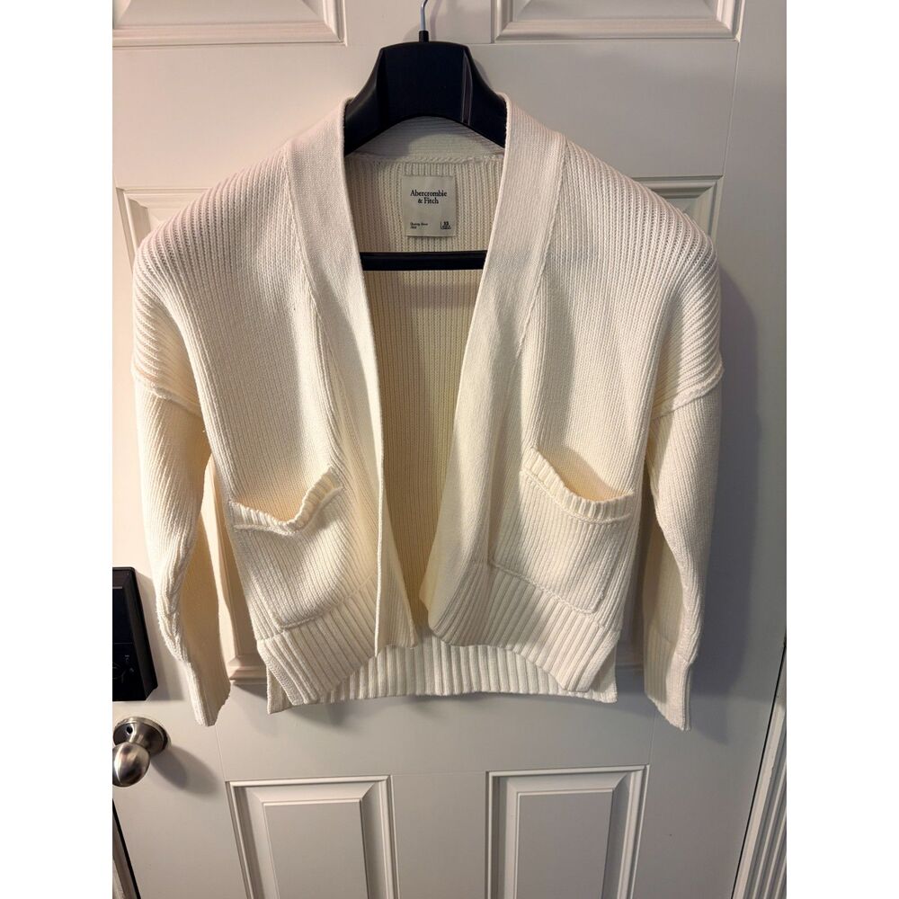 Abercrombie & Fitch White Chunky Knit Open Front Pocket Cardigan Oversized XS